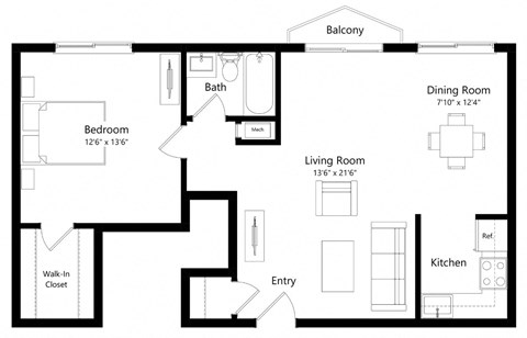 Floor plan for 1 bed, 1 bath, 658 sqft